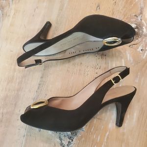 Vintage Bruno Magli black leather peep toe slingback heels with Gold size 4.5 W